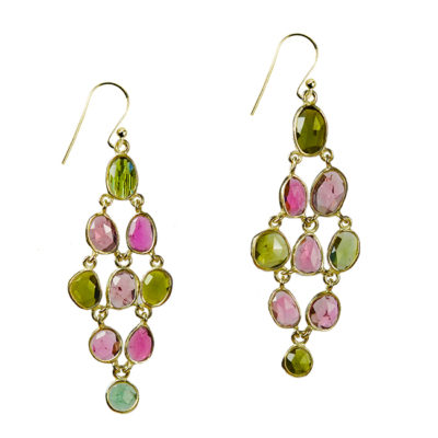 pink green tourmaline chandelier earrings silver