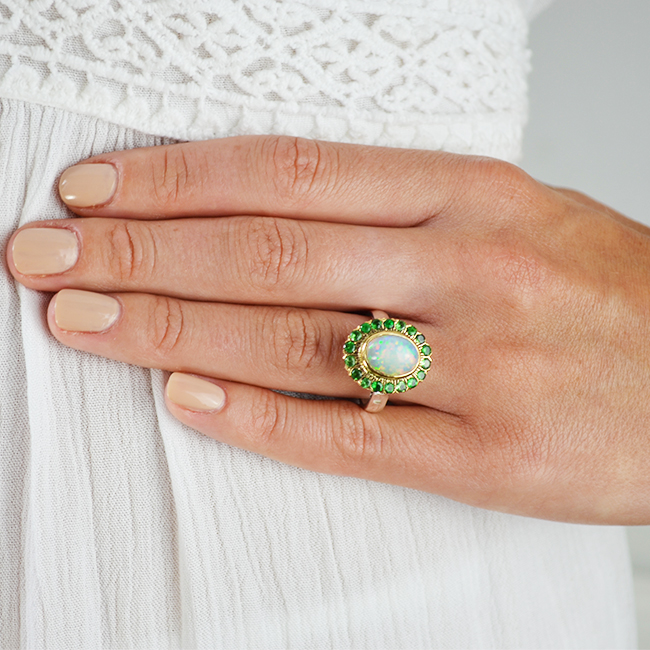 halo cocktail ring opal tsavorite garnet