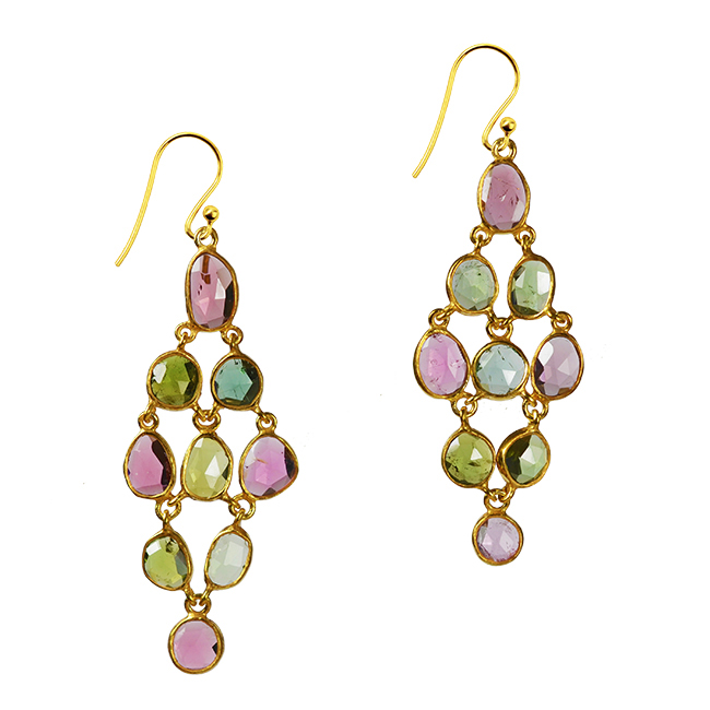 chandelier earrings featuring coloured gemstones