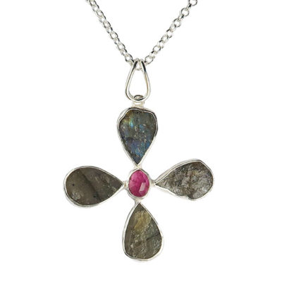 silver labradorite pink tourmaline flower pendant