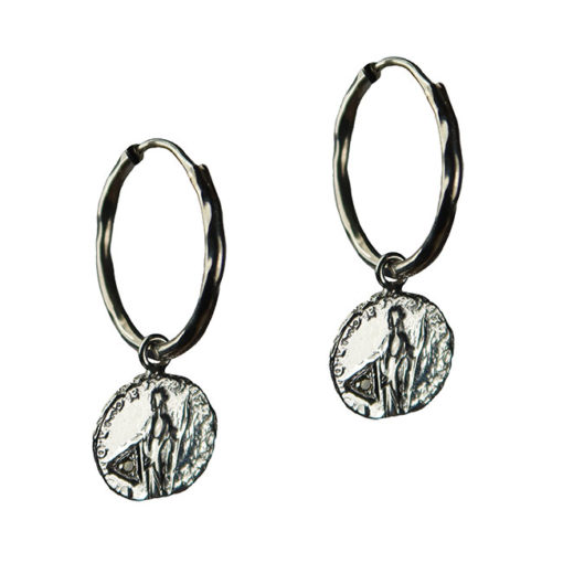 diamond coin hoop earrings silver