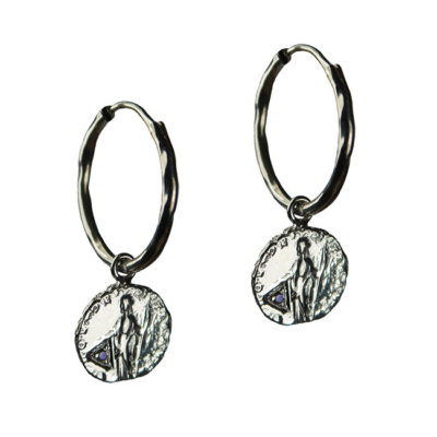 sapphire coin hoop earrings silver