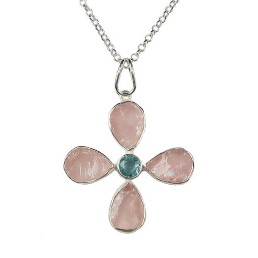 silver rose quartz aquamarine flower pendant